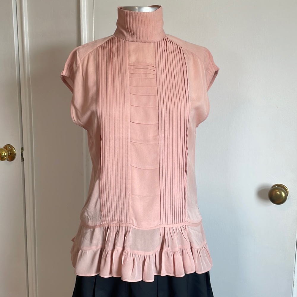 Zara Pink Pleat Front Ruffle Hem Sleeveless Blouse, XS